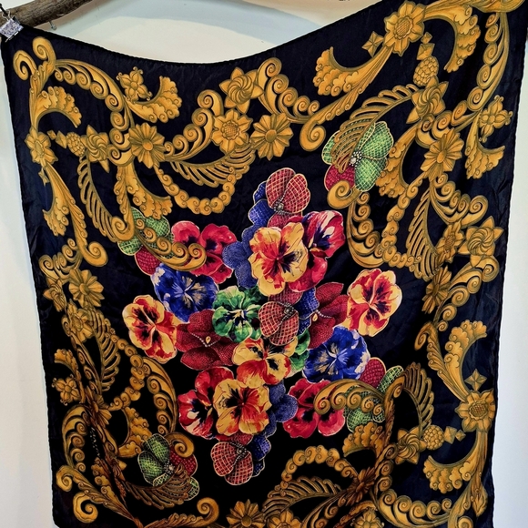 Lanvin Paris Black Gold  Blue Gold Pink Blue  Floral  Hand Rolled Silk Scarf - Picture 2 of 16